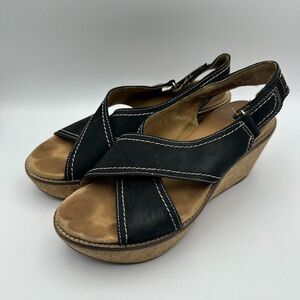 Clarks Artisan Women's Annadel Eirwyn Wedge Sandal Size 7.5M Black Suede 38 EU‎